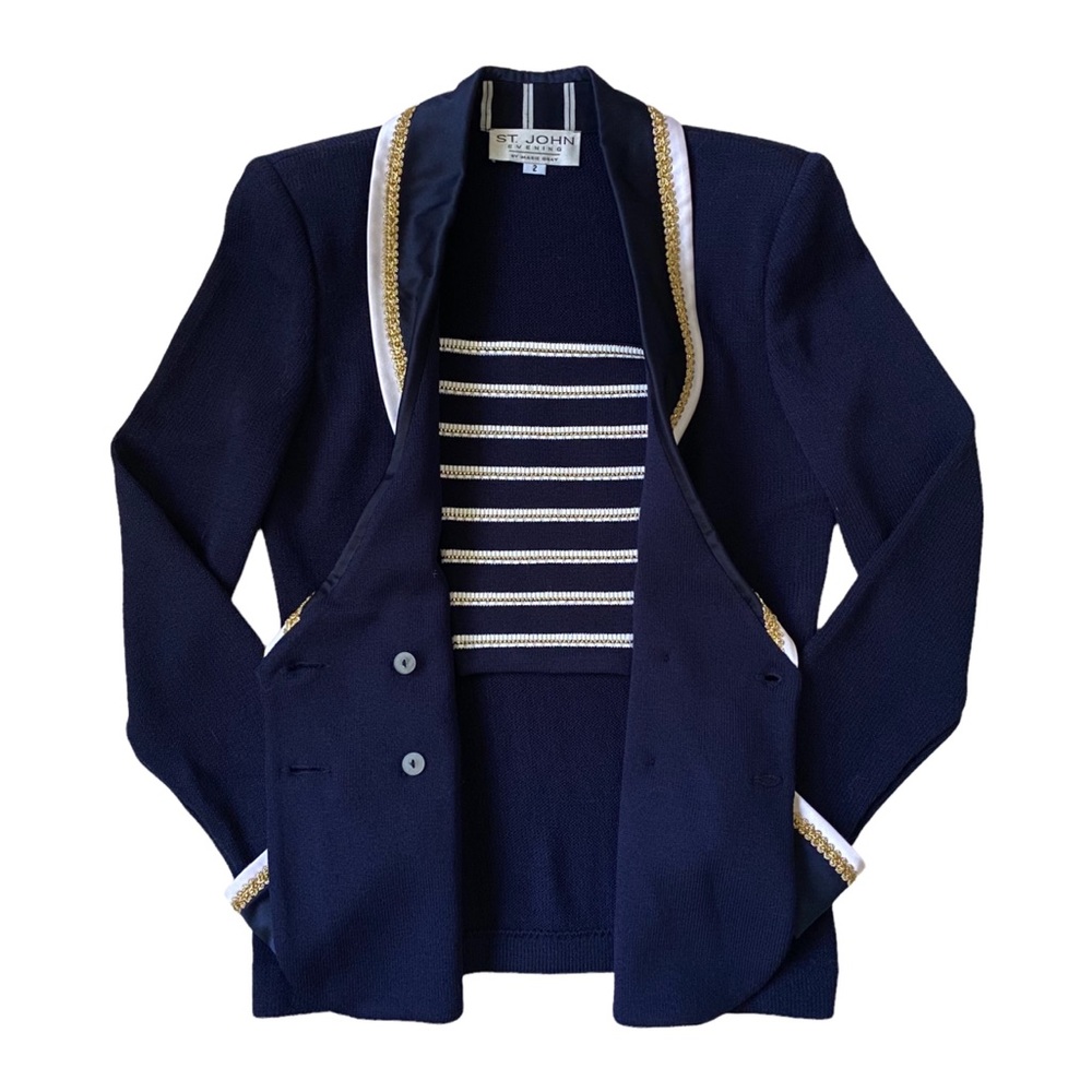 St. John Evening Navy with Satin & Gold Trim French Cuff Knit Jacket, Size 2 - Picture 4 of 8